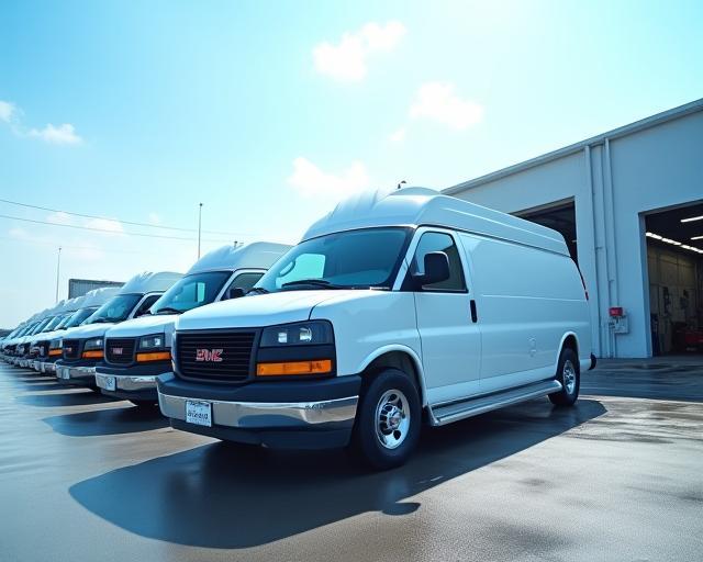 Row of commercial vans after washing