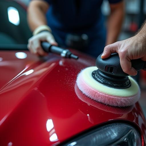 Close-up of detailing buffer polishing a hood