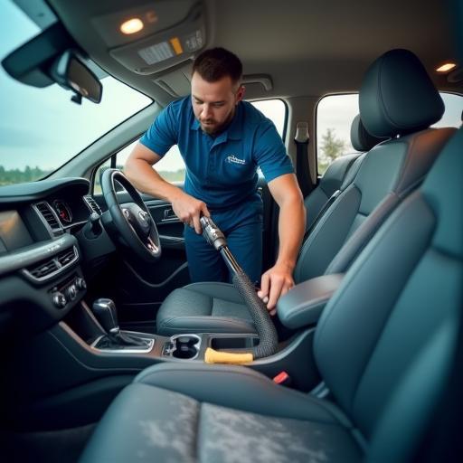 Technician vacuuming car seats